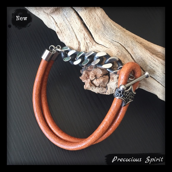 Other - men’s Brown leather chain link rhinestone bracelet